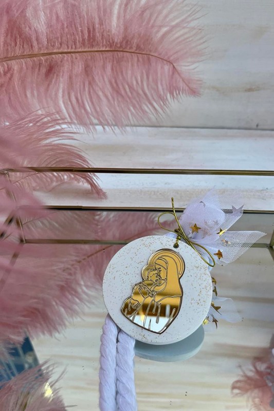 Μπομπονιέρα βάπτισης  Παναγίτσα σε plexiglass χρυσό πάνω σε πέτρα
